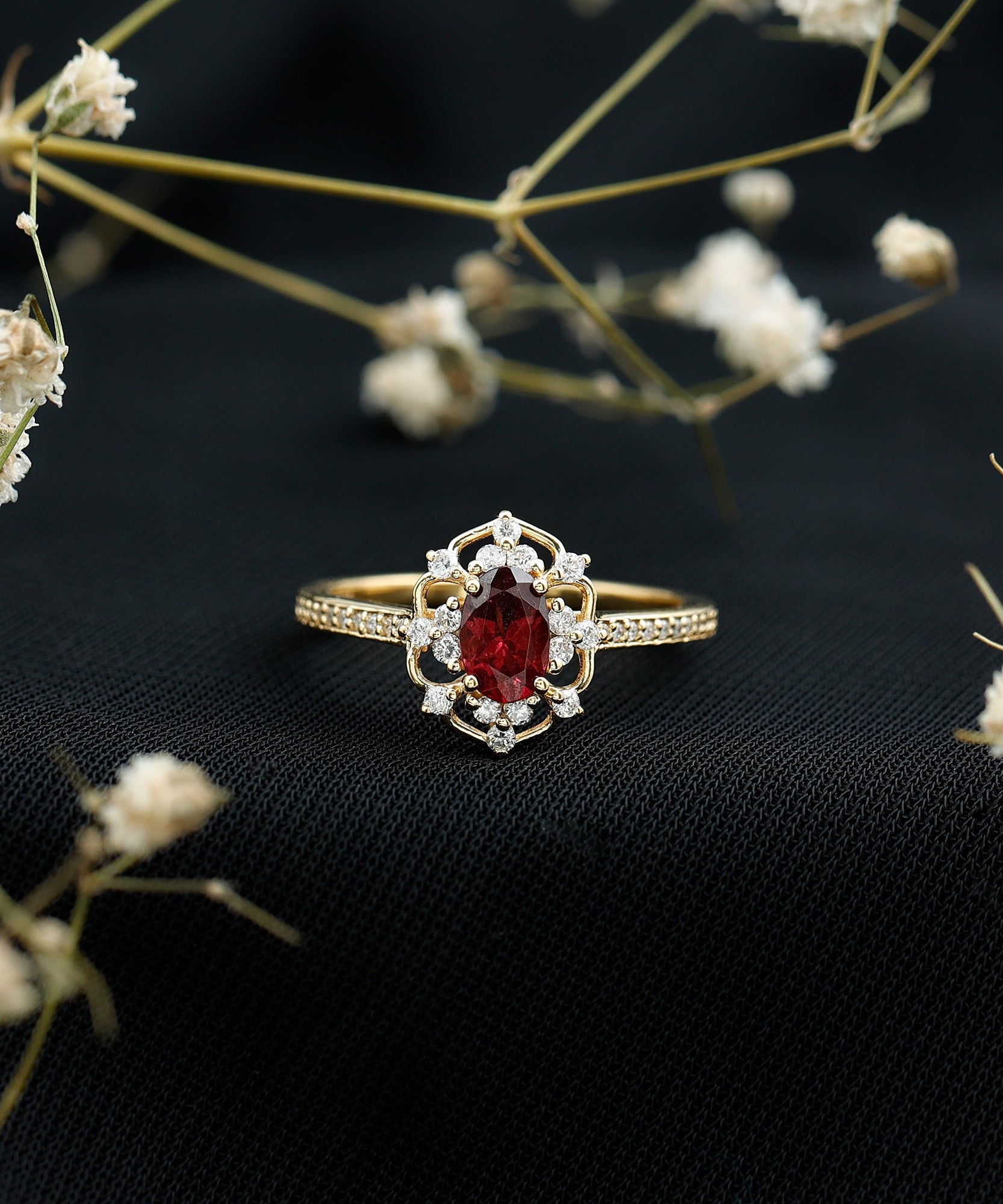 Vintage Engagement Ring with Rhodolite Garnet and Diamond