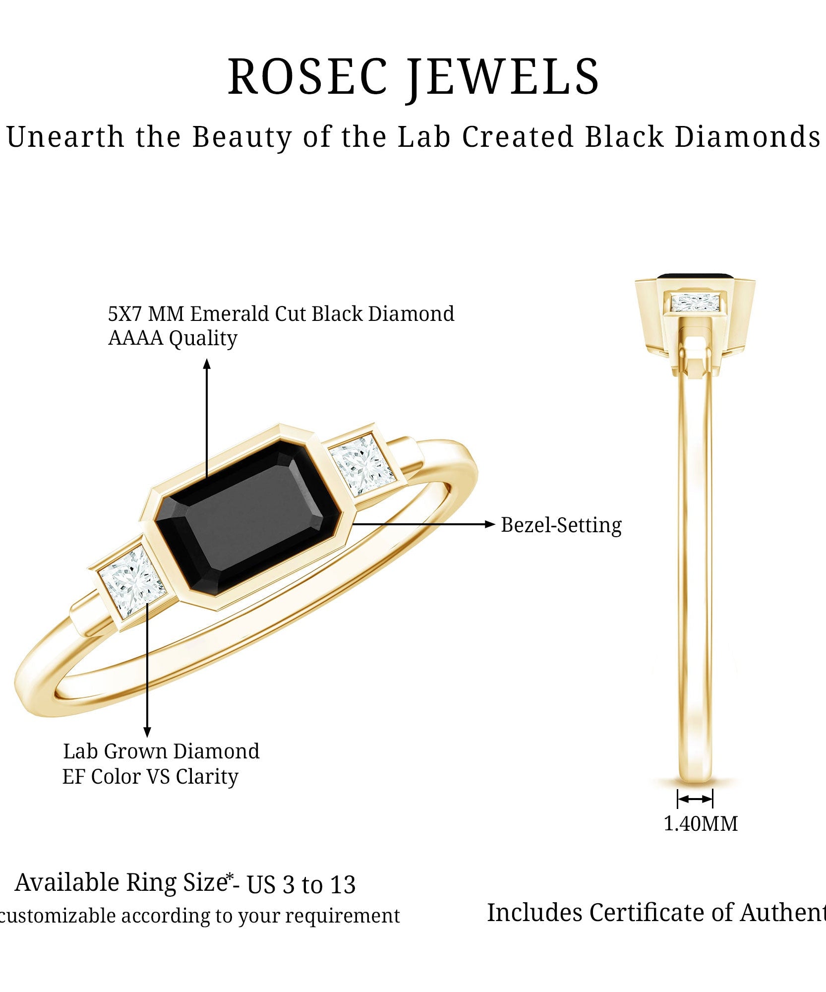 Lab Grown Black Diamond Bezel Set Engagement Ring For Women