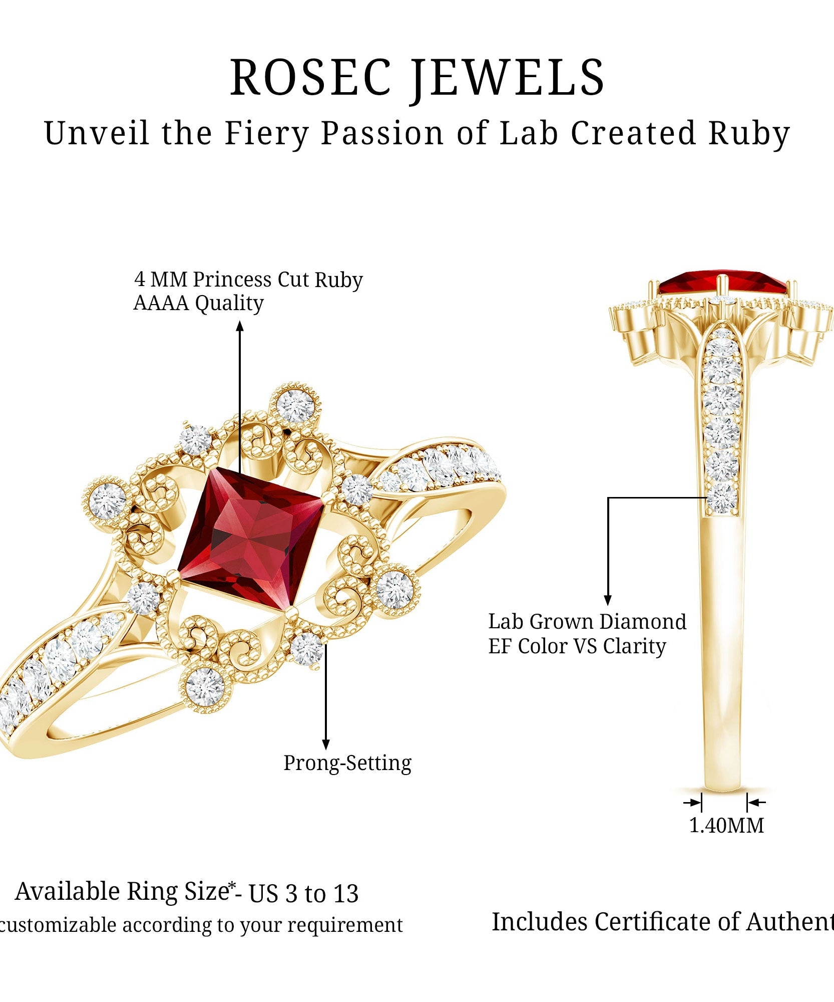 Certified Lab Grown Ruby Diamond Retro Engagement Ring