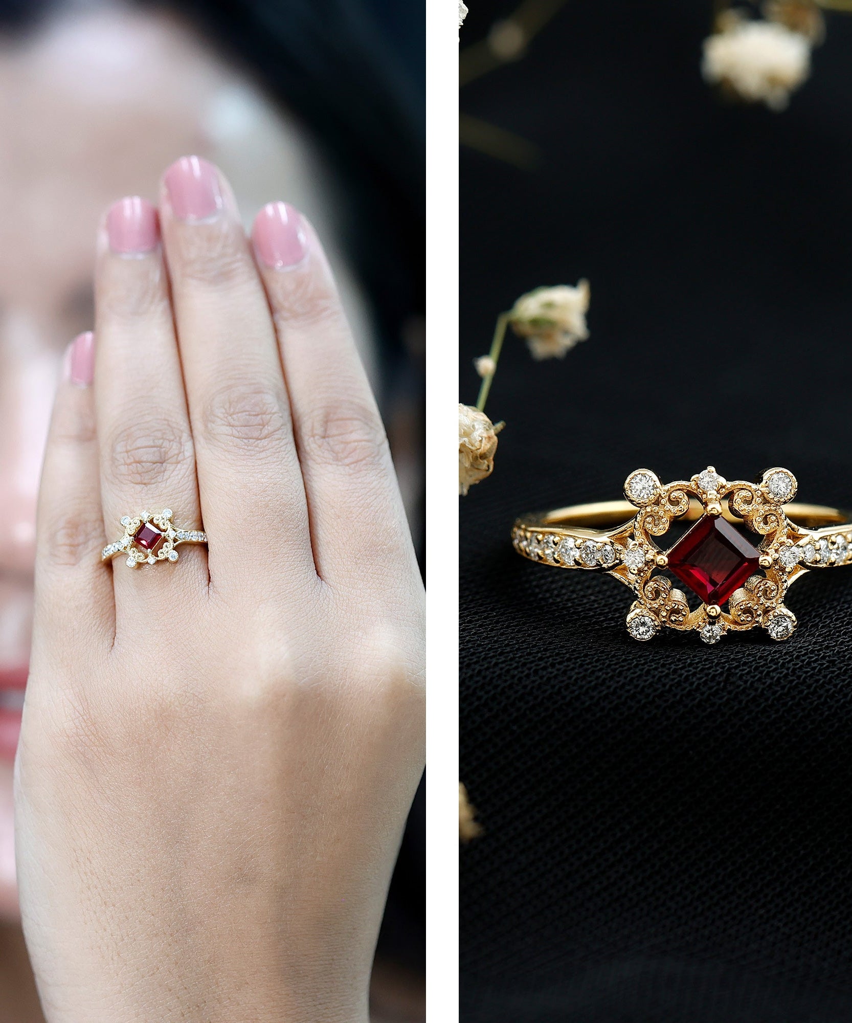 Certified Lab Grown Ruby Diamond Retro Engagement Ring