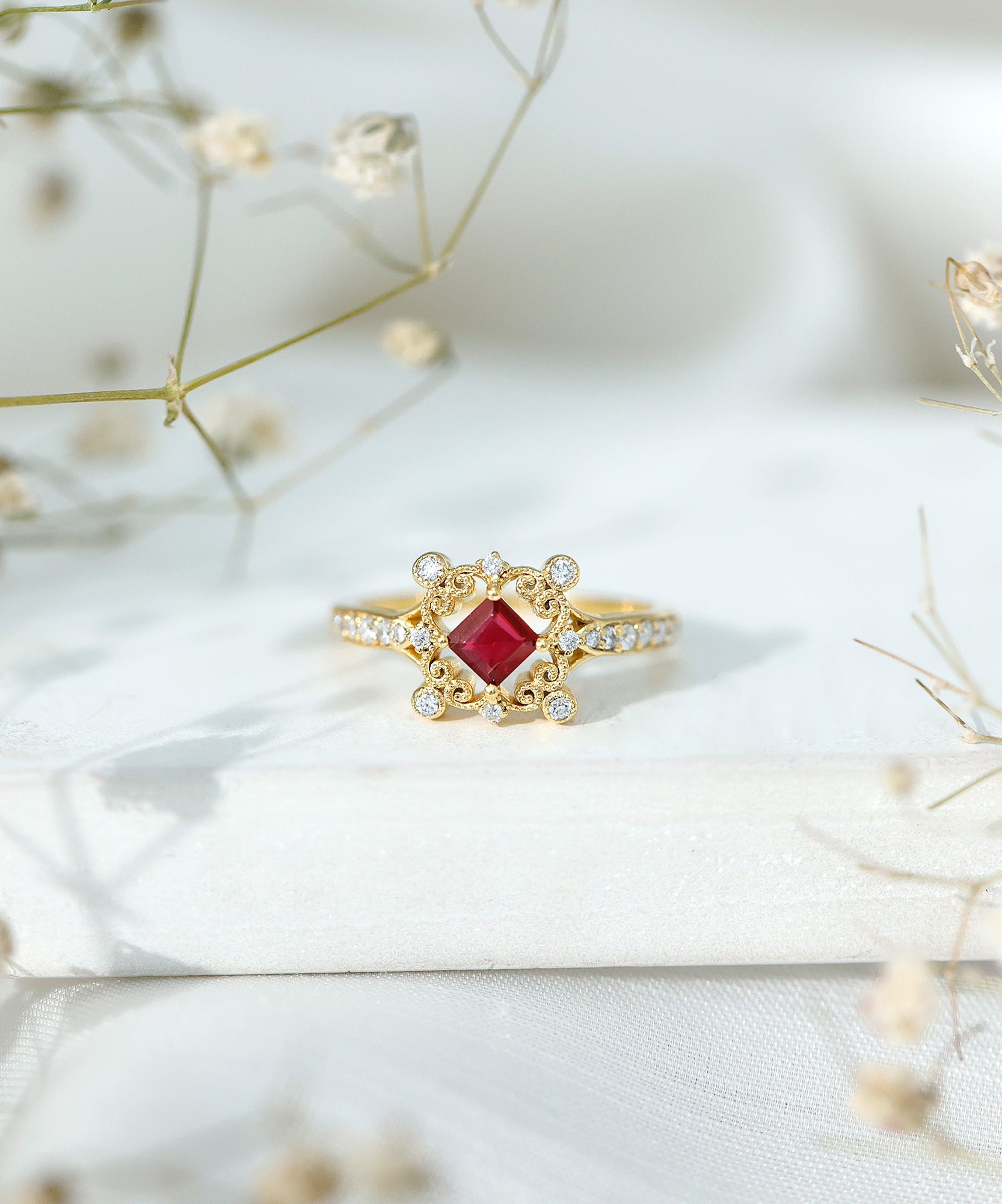 Certified Lab Grown Ruby Diamond Retro Engagement Ring