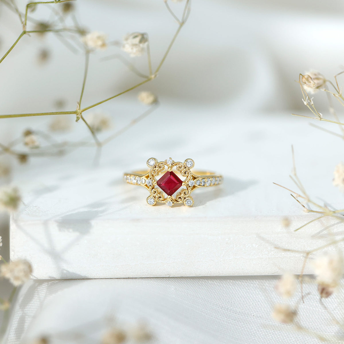 Certified Lab Grown Ruby Diamond Retro Engagement Ring