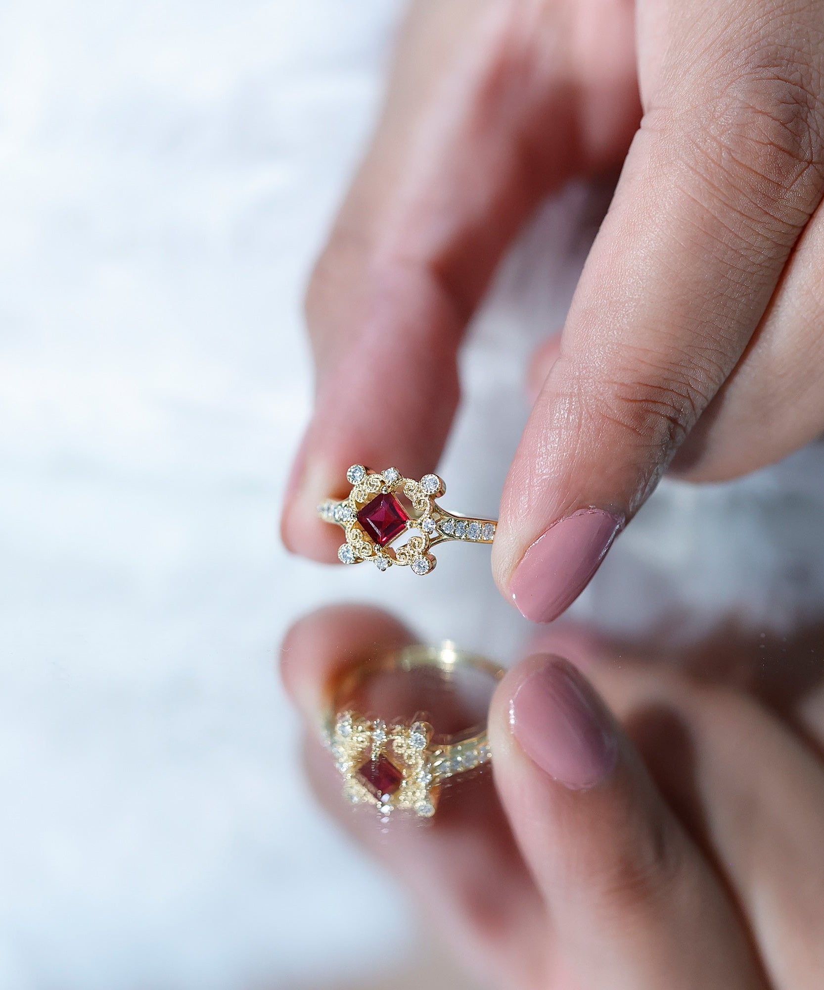 Certified Lab Grown Ruby Diamond Retro Engagement Ring