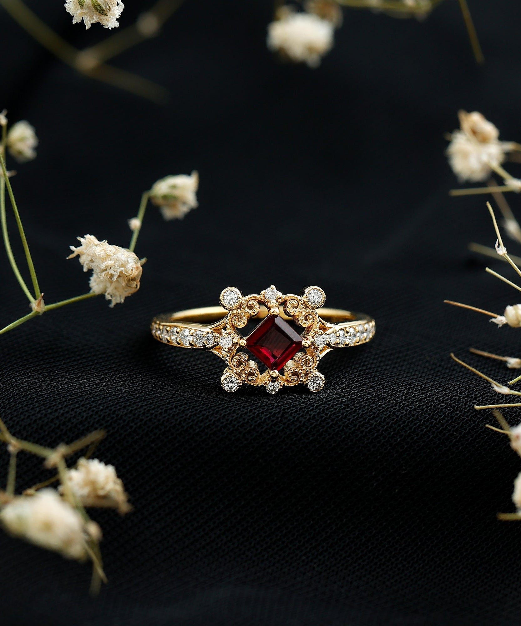 Certified Lab Grown Ruby Diamond Retro Engagement Ring