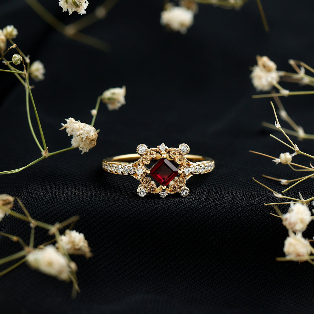 Certified Lab Grown Ruby Diamond Retro Engagement Ring