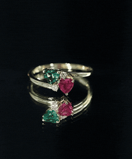 Certified Lab Grown Ruby and Emerald 2 Stone Heart Promise Ring in Silver