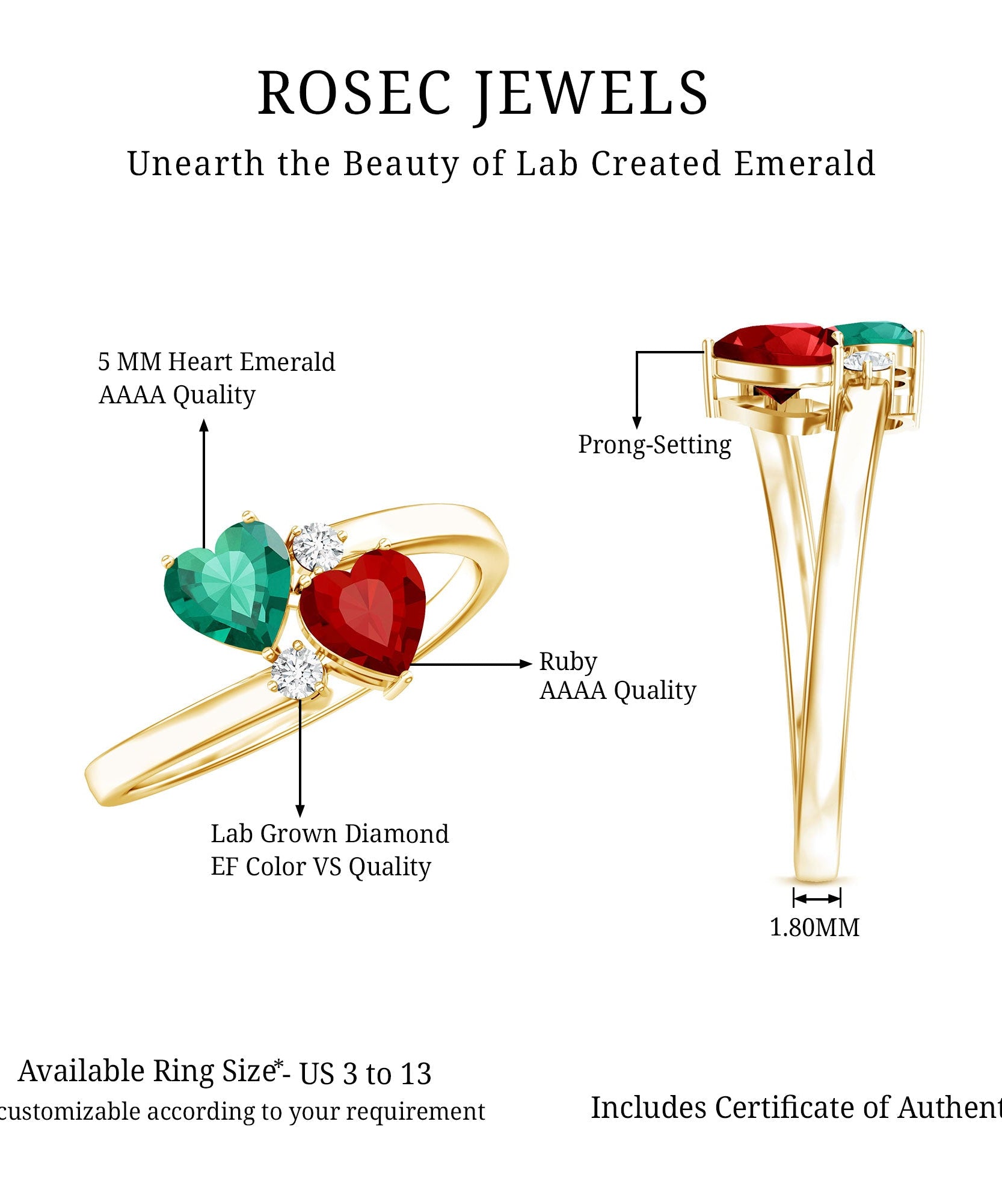 Certified Lab Grown Ruby and Emerald 2 Stone Heart Promise Ring in Silver