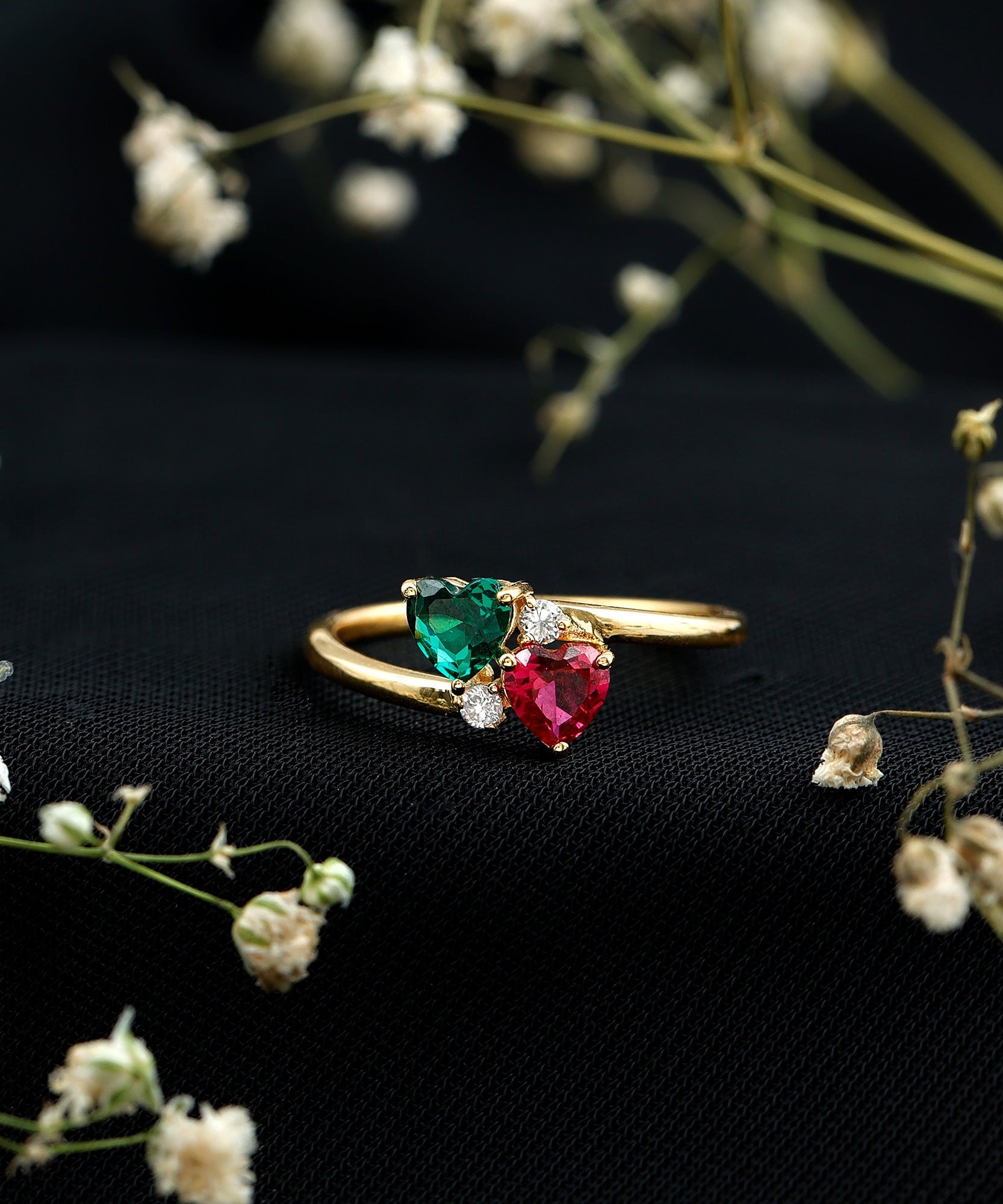 Certified Lab Grown Ruby and Emerald 2 Stone Heart Promise Ring in Silver