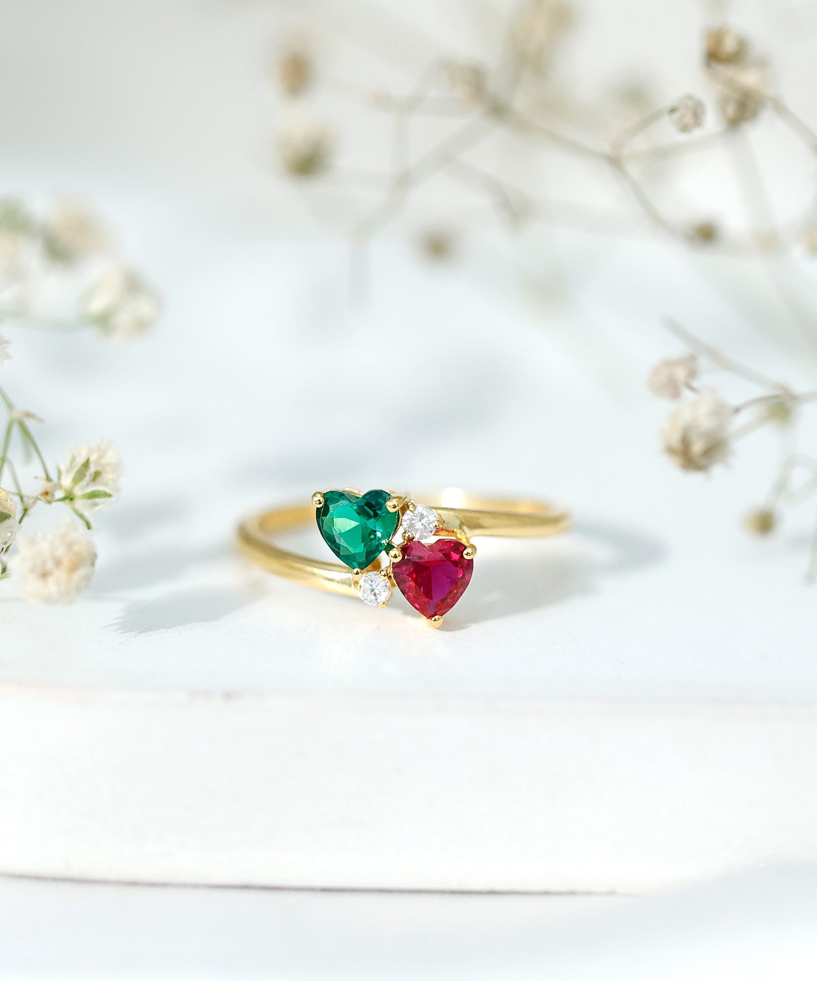 Certified Lab Grown Ruby and Emerald 2 Stone Heart Promise Ring in Silver