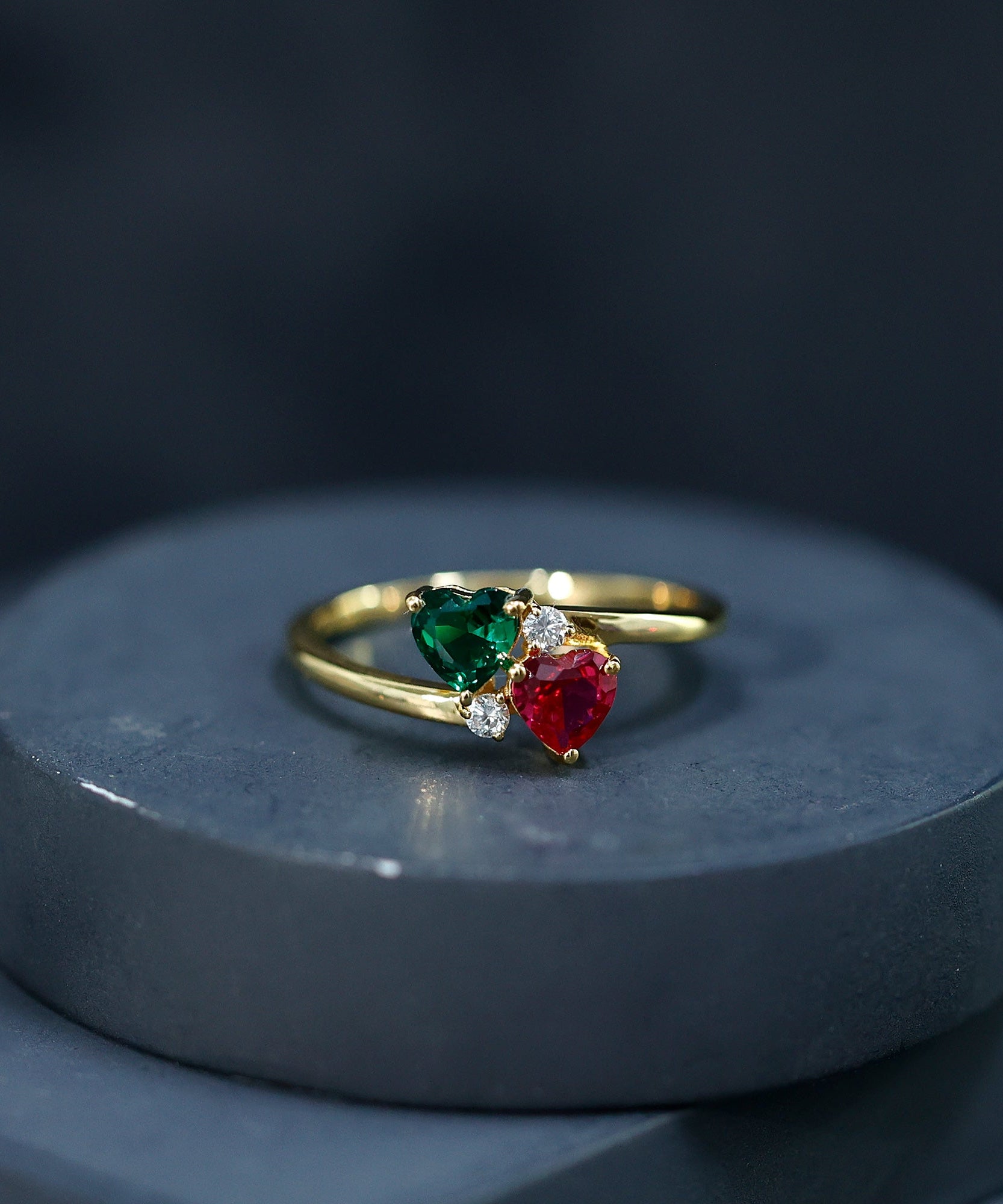 Certified Lab Grown Ruby and Emerald 2 Stone Heart Promise Ring in Silver