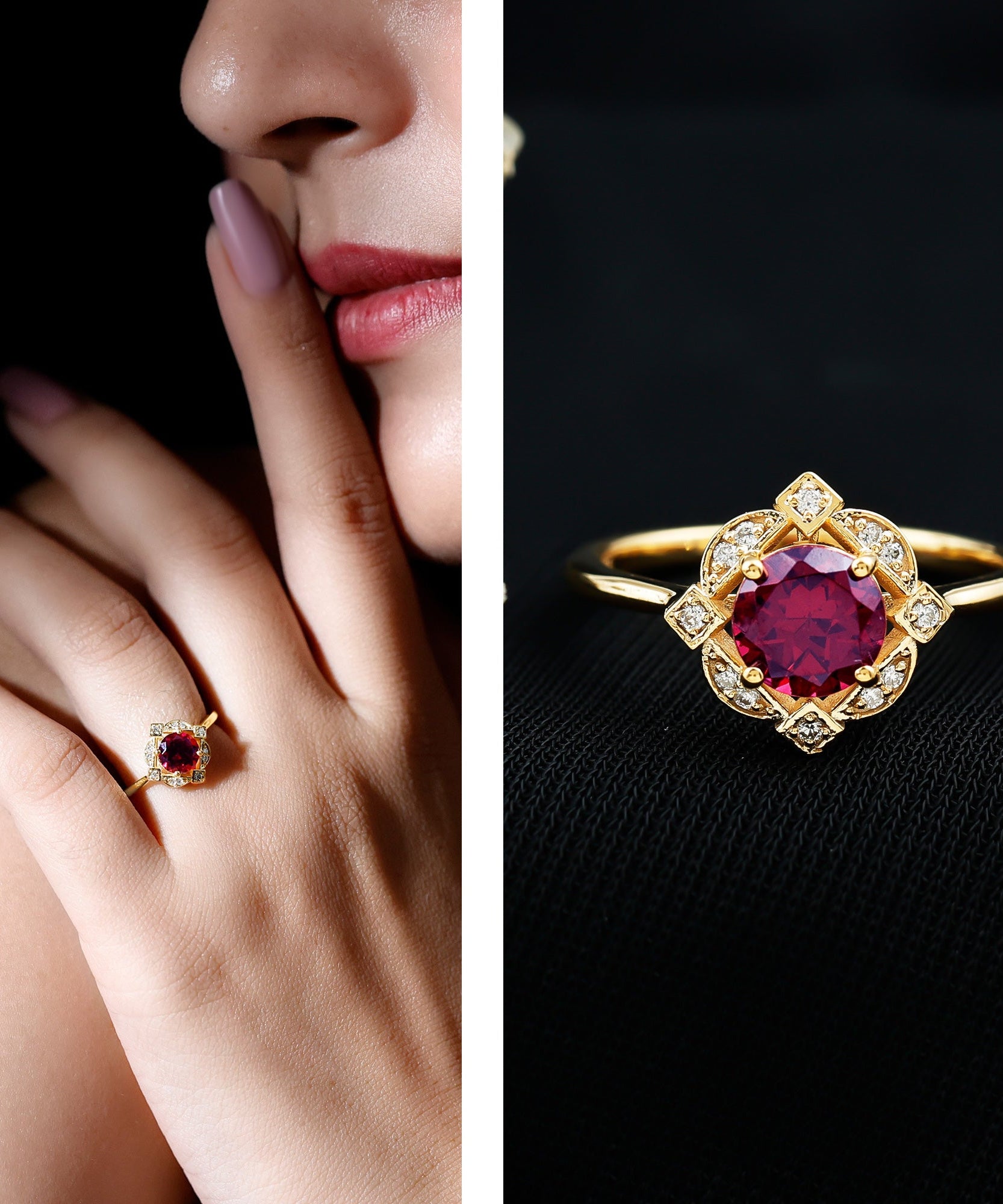 Vintage Style Rhodolite Garnet and Diamond Engagement Ring