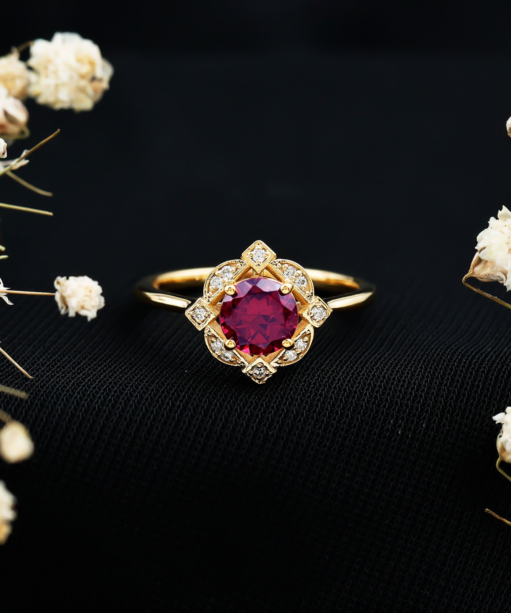 Vintage Style Rhodolite Garnet and Diamond Engagement Ring