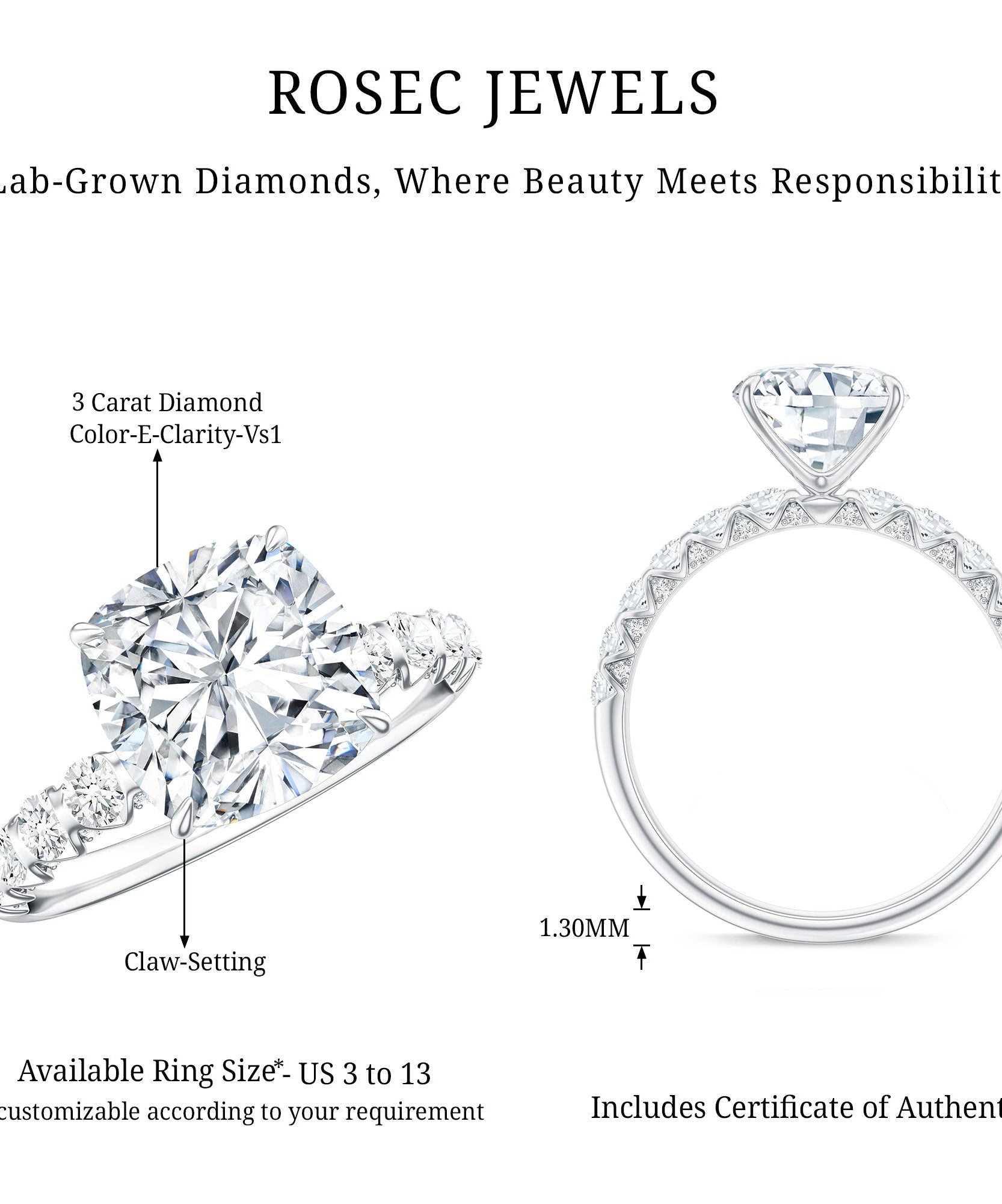 3 Carat IGI Certified Lab Grown Diamond Cushion Cut Engagement Ring with Side Stones