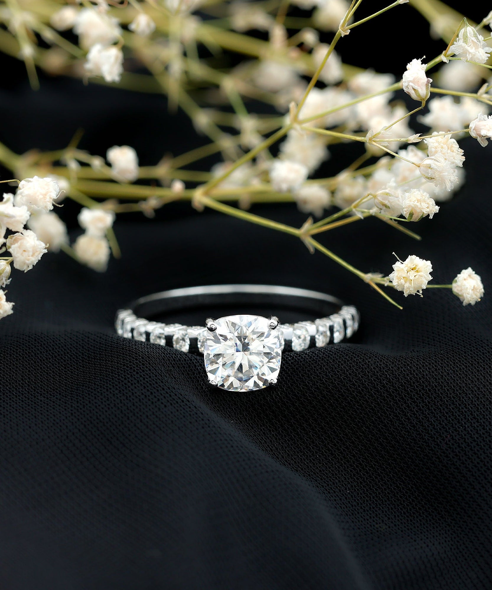 3 Carat IGI Certified Lab Grown Diamond Cushion Cut Engagement Ring with Side Stones