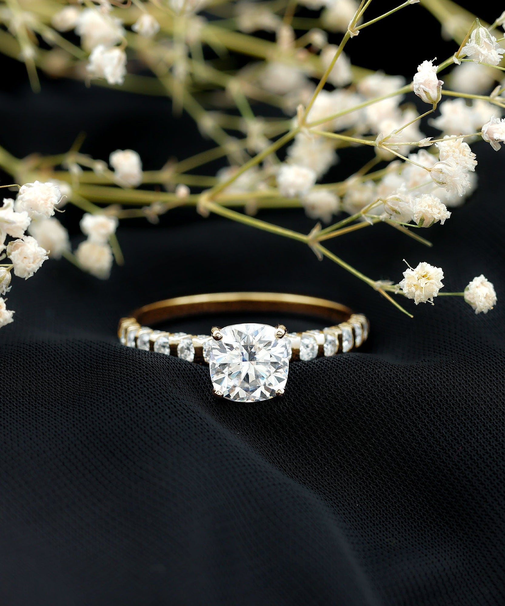3 Carat IGI Certified Lab Grown Diamond Cushion Cut Engagement Ring with Side Stones