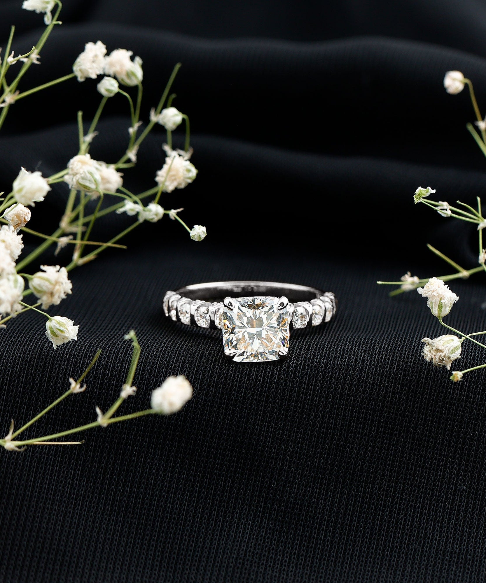 IGI Certified 2 Carat Cushion Cut Lab Grown Diamond Engagement Ring with Side Stones