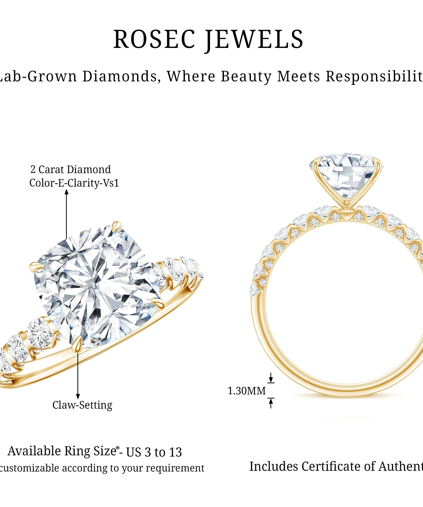 IGI Certified 2 Carat Cushion Cut Lab Grown Diamond Engagement Ring with Side Stones