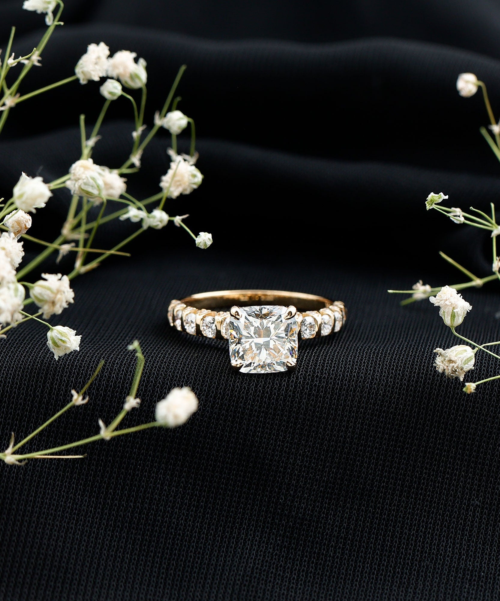 IGI Certified 2 Carat Cushion Cut Lab Grown Diamond Engagement Ring with Side Stones