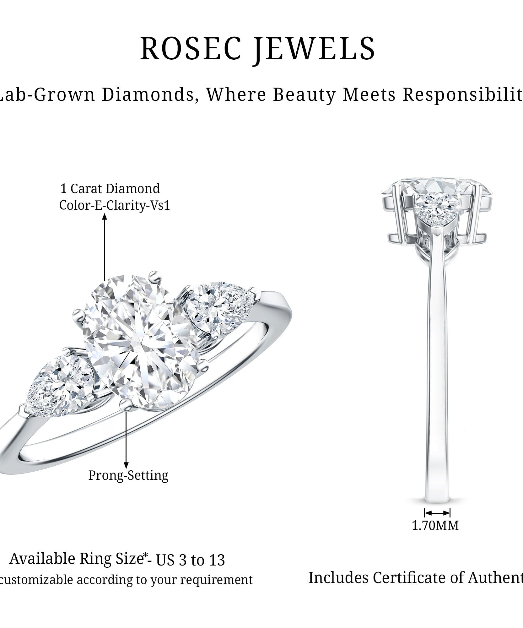 1 Carat Lab Grown Diamond Three Stone Engagement Ring with IGI Certificate