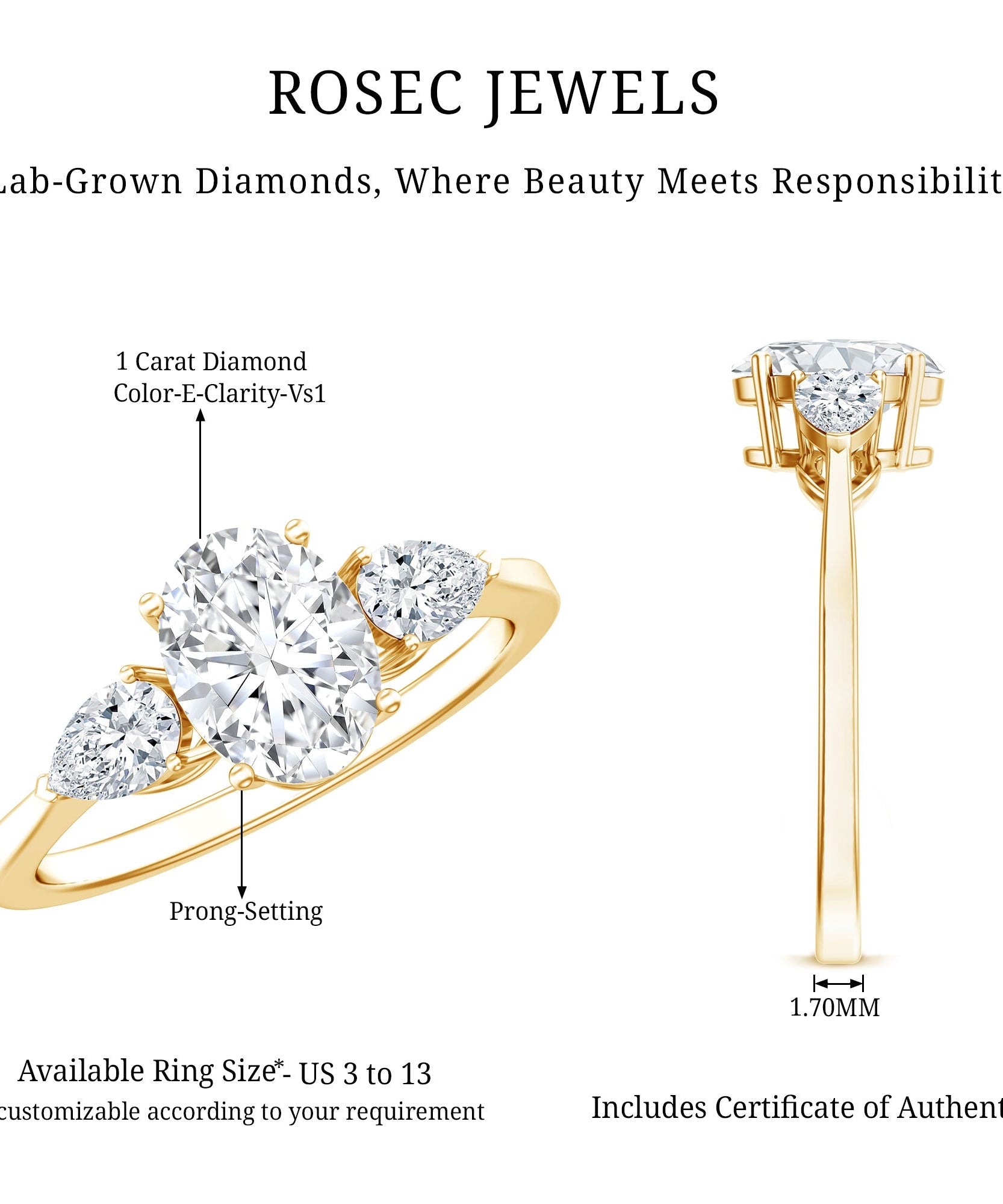 1 Carat Lab Grown Diamond Three Stone Engagement Ring with IGI Certificate