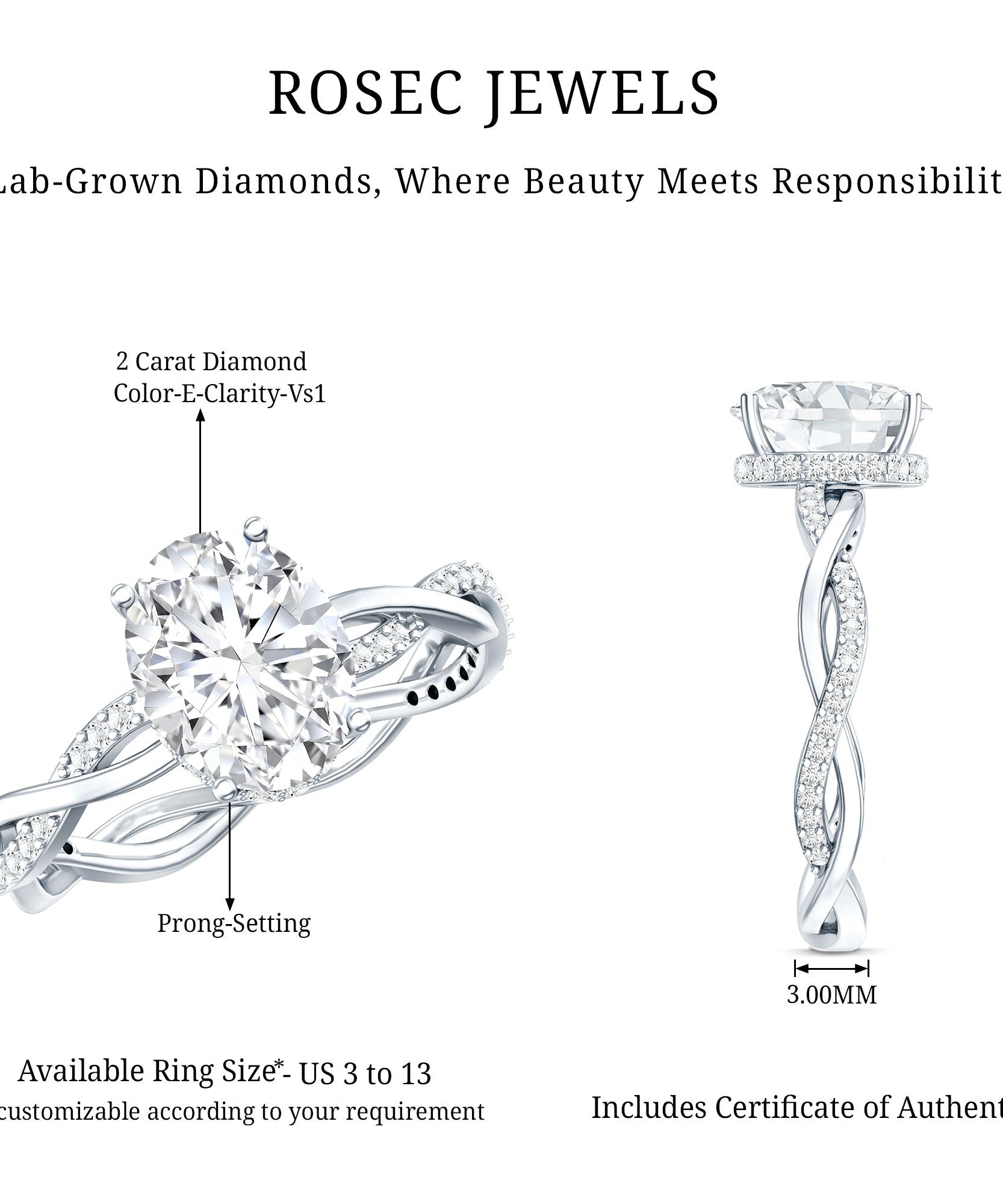 IGI Certified 2 Carat Lab Grown Diamond Oval Hidden Halo Engagement Ring with Braided Band