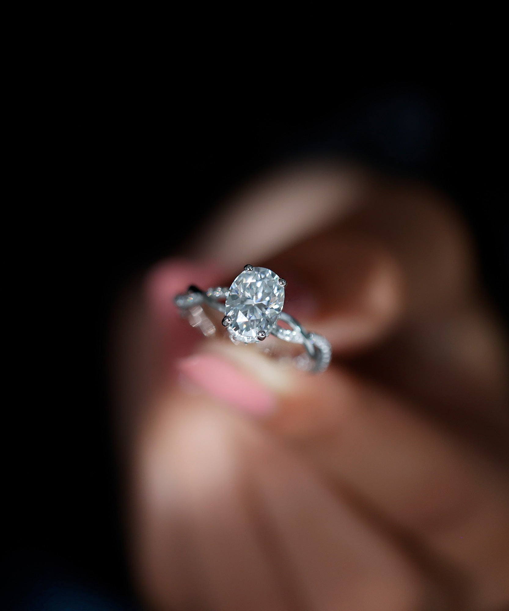 IGI Certified 2 Carat Lab Grown Diamond Oval Hidden Halo Engagement Ring with Braided Band