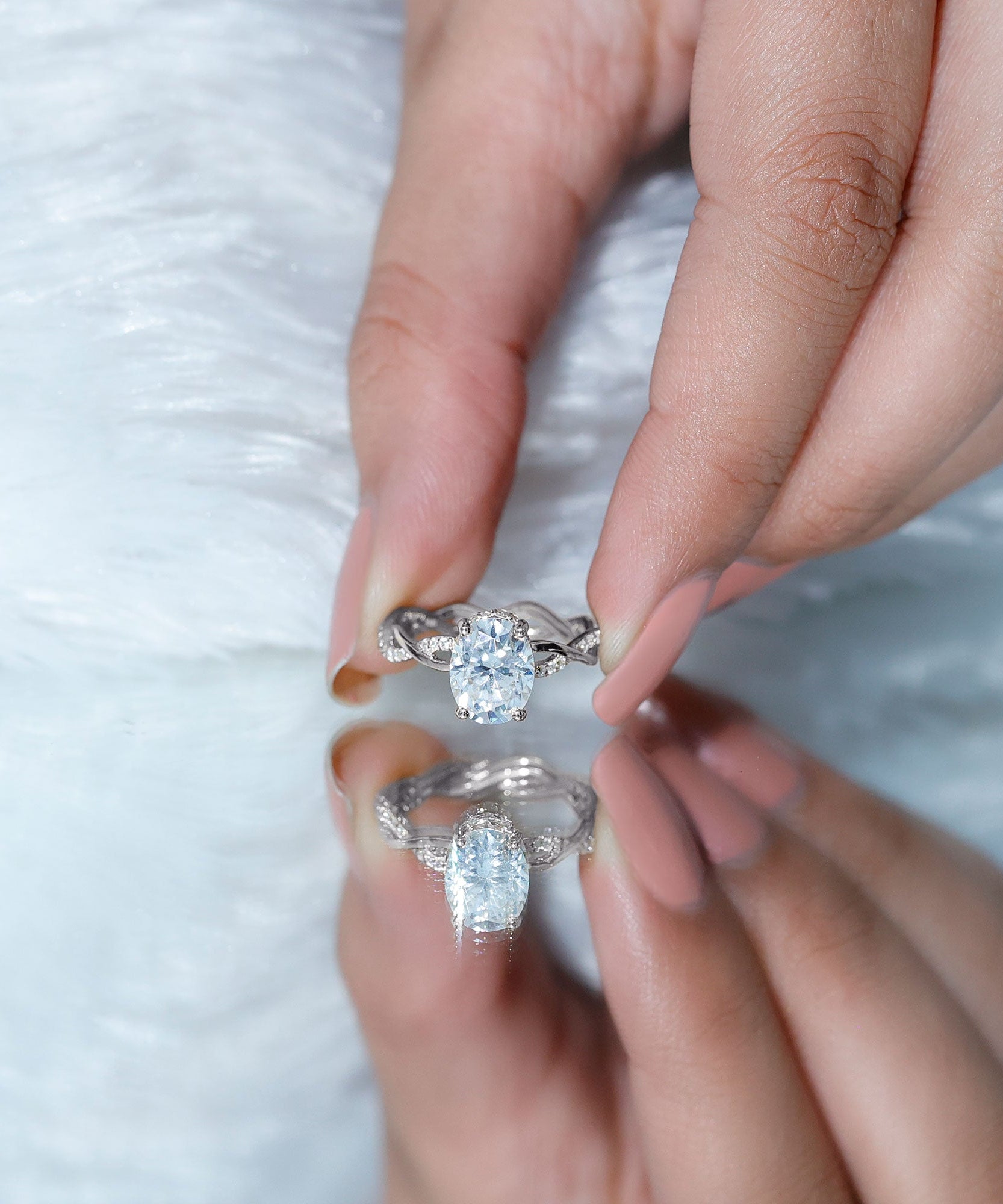 IGI Certified 2 Carat Lab Grown Diamond Oval Hidden Halo Engagement Ring with Braided Band