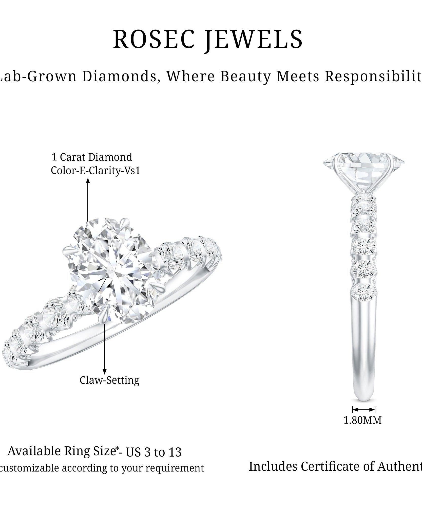 1 Carat Oval Cut Lab Grown Diamond Side Stone Engagement Ring IGI Certified