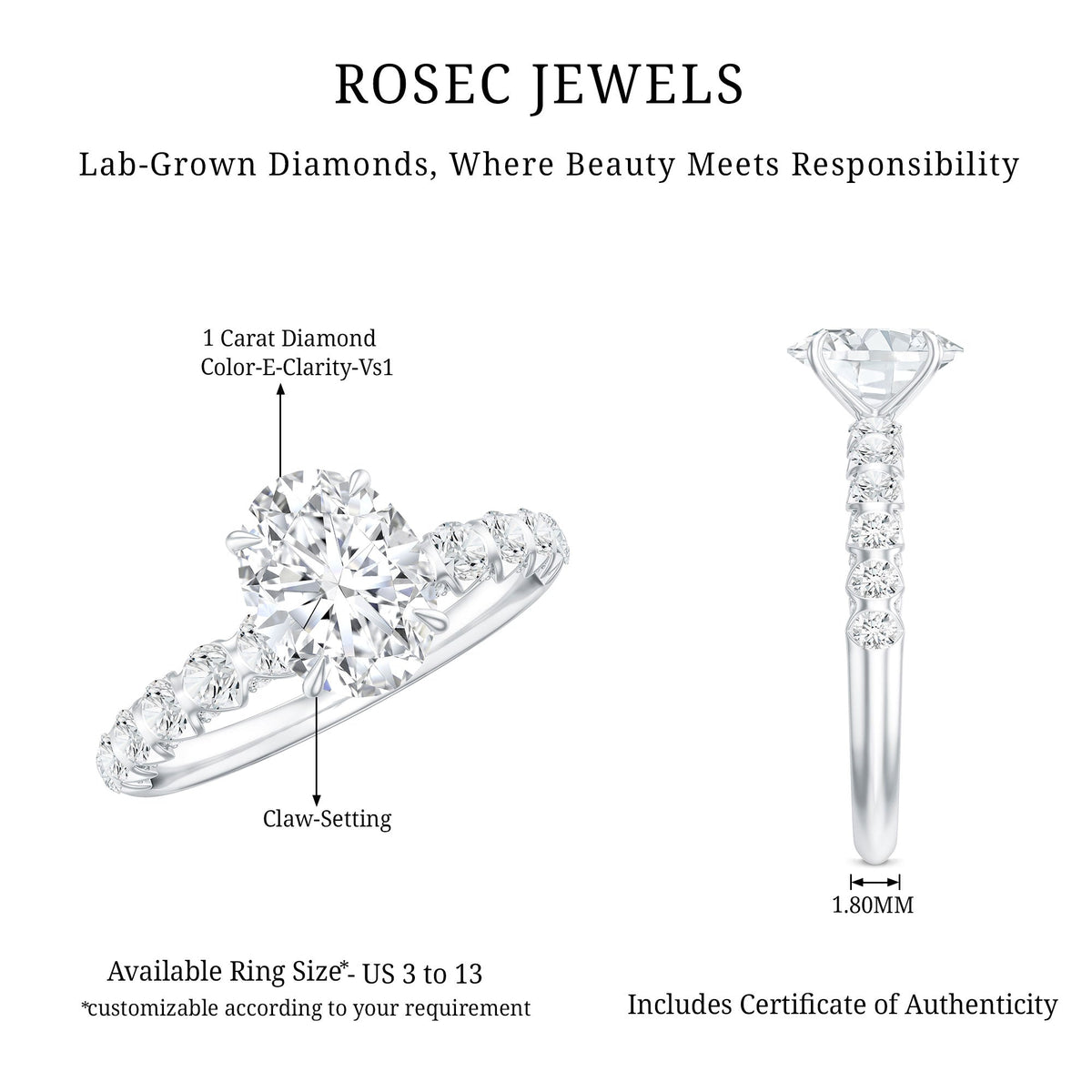 1 Carat Oval Cut Lab Grown Diamond Side Stone Engagement Ring IGI Certified