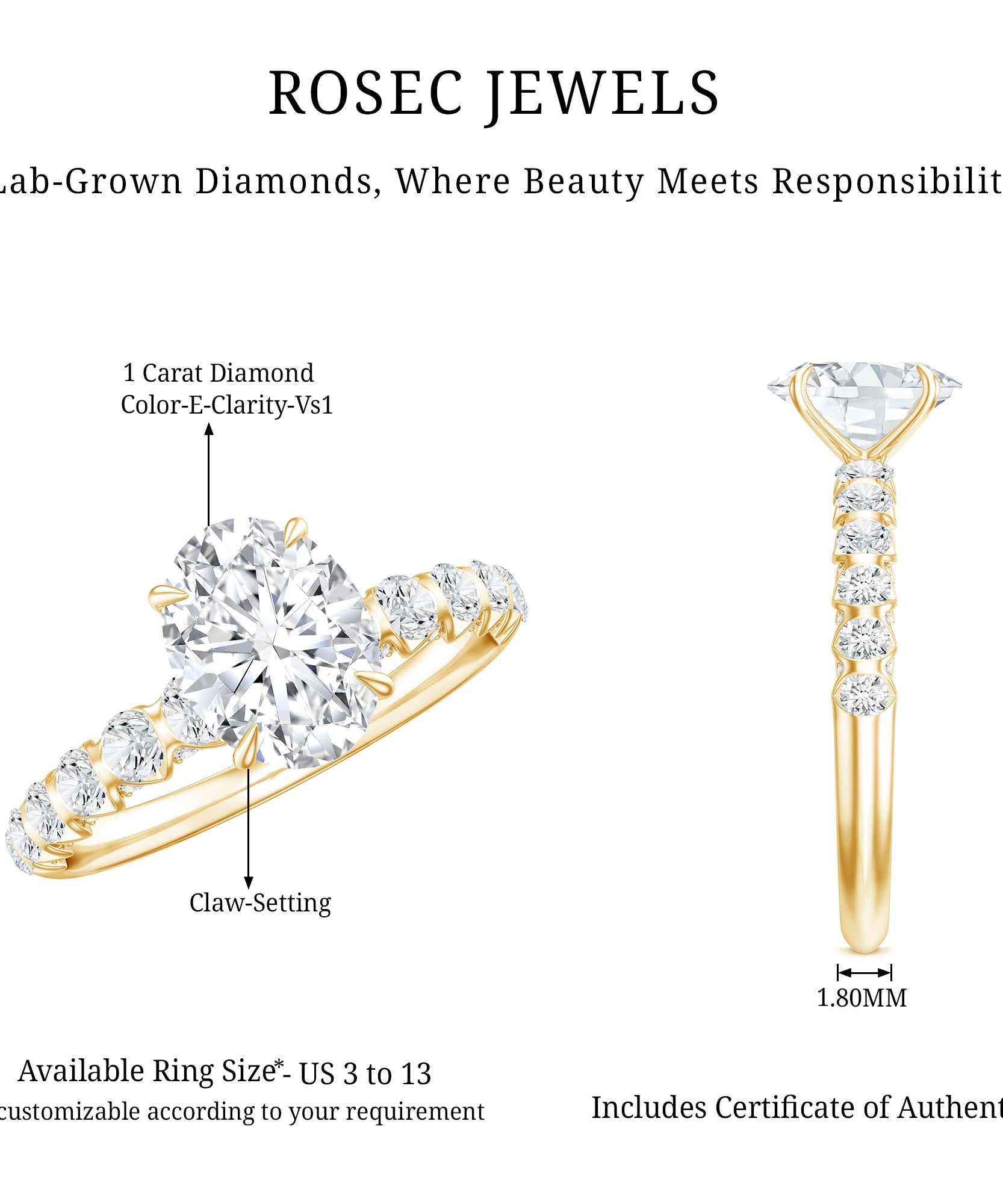 1 Carat Oval Cut Lab Grown Diamond Side Stone Engagement Ring IGI Certified