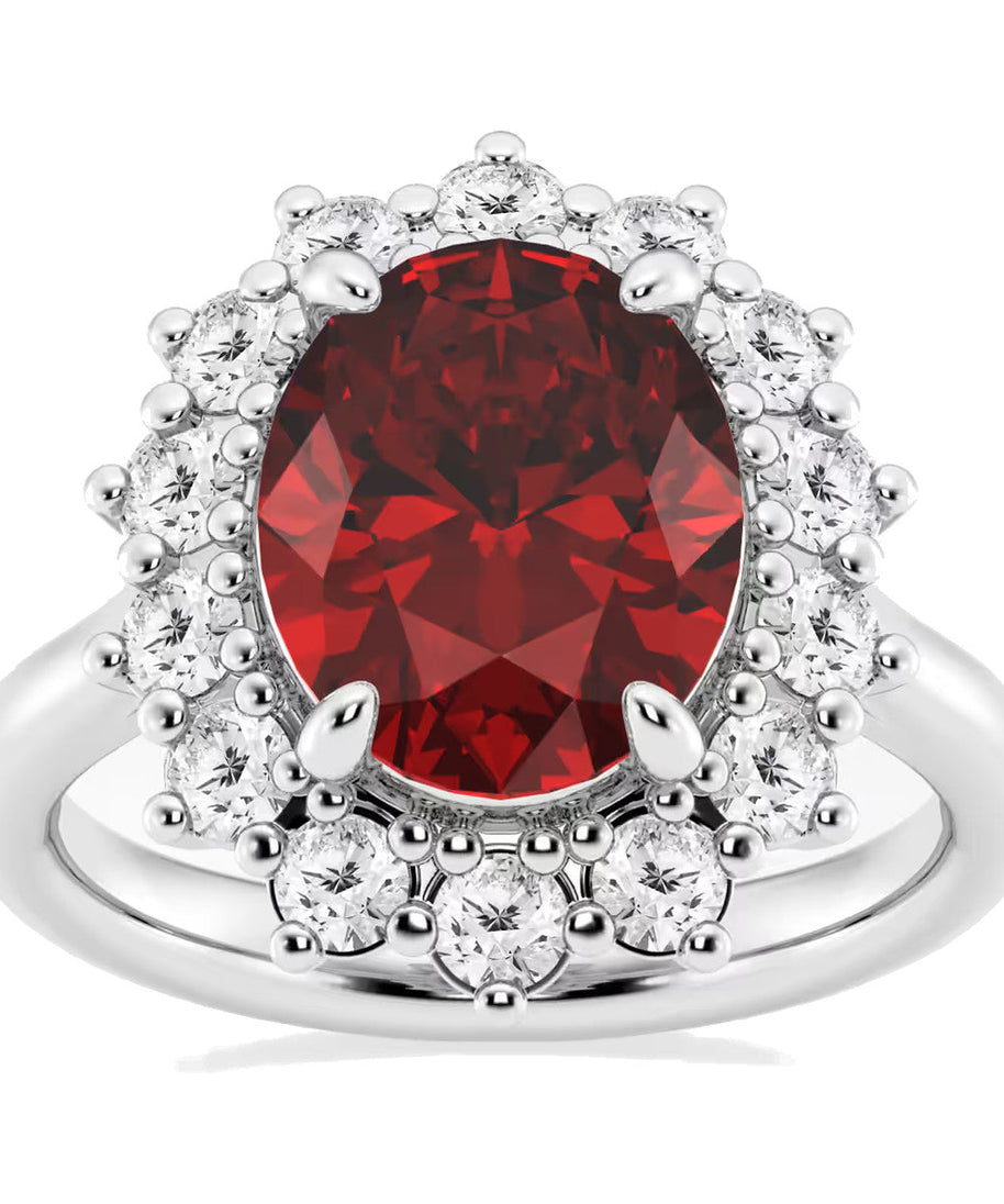 AGI Certified 3CTW Oval Lab Ruby Princess Diana Engagement Ring With Lab Diamond Halo in Choice of 14K White or Yellow Gold – 9x7mm