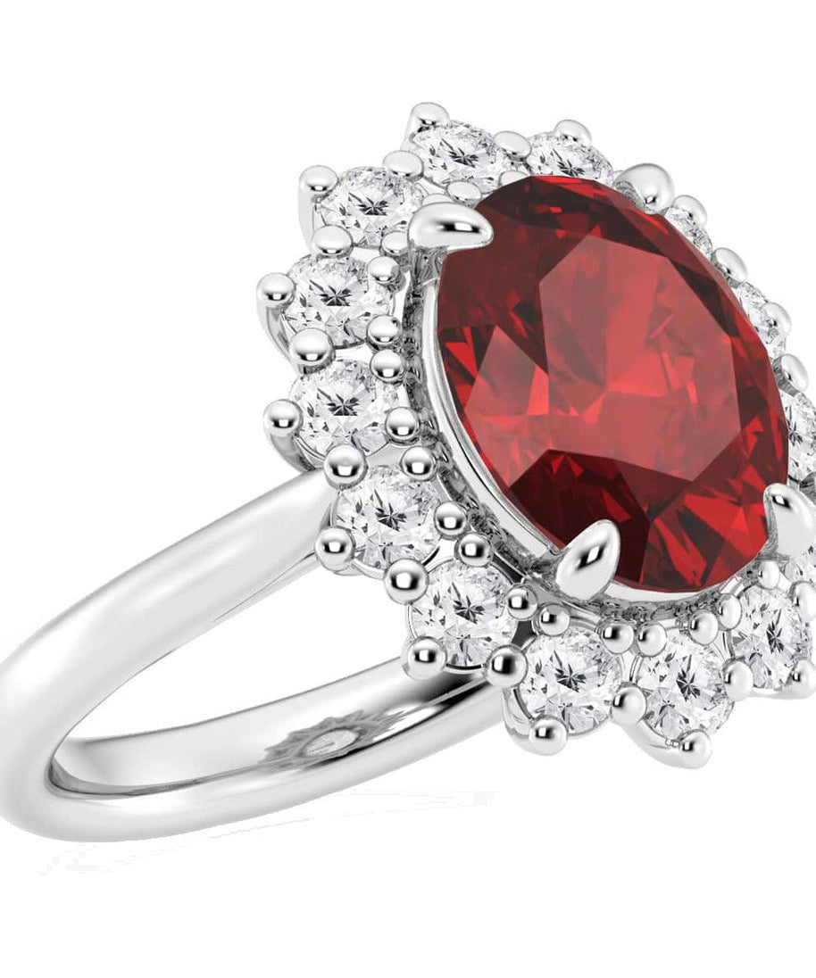 AGI Certified 3CTW Oval Lab Ruby Princess Diana Engagement Ring With Lab Diamond Halo in Choice of 14K White or Yellow Gold – 9x7mm