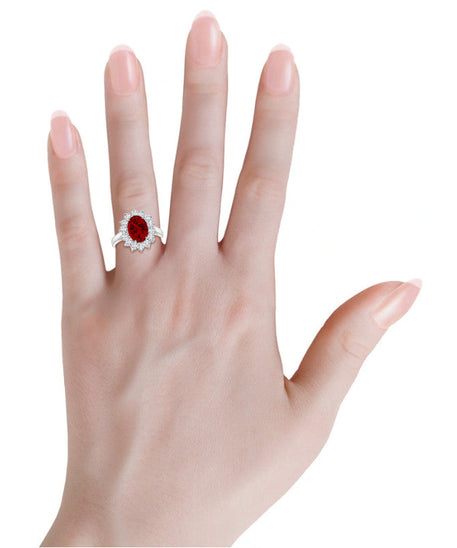 AGI Certified 3CTW Oval Lab Ruby Princess Diana Engagement Ring With Lab Diamond Halo in Choice of 14K White or Yellow Gold – 9x7mm