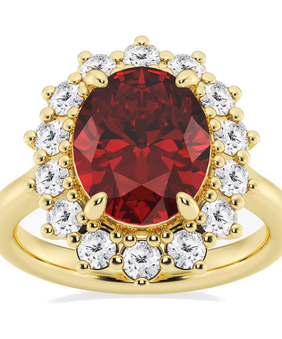 AGI Certified 3CTW Oval Lab Ruby Princess Diana Engagement Ring With Lab Diamond Halo in Choice of 14K White or Yellow Gold – 9x7mm