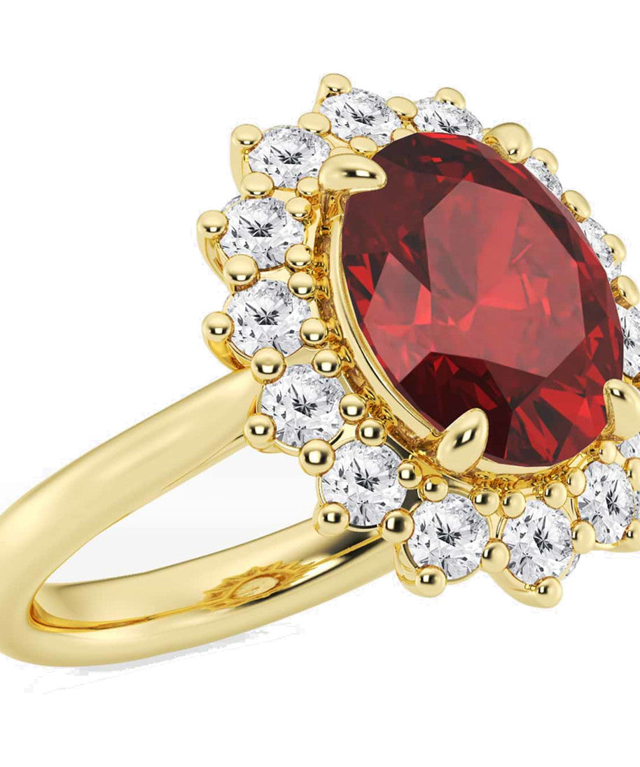 AGI Certified 3CTW Oval Lab Ruby Princess Diana Engagement Ring With Lab Diamond Halo in Choice of 14K White or Yellow Gold – 9x7mm