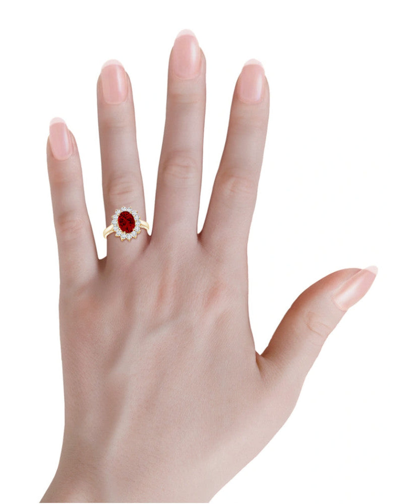 AGI Certified 3CTW Oval Lab Ruby Princess Diana Engagement Ring With Lab Diamond Halo in Choice of 14K White or Yellow Gold – 9x7mm