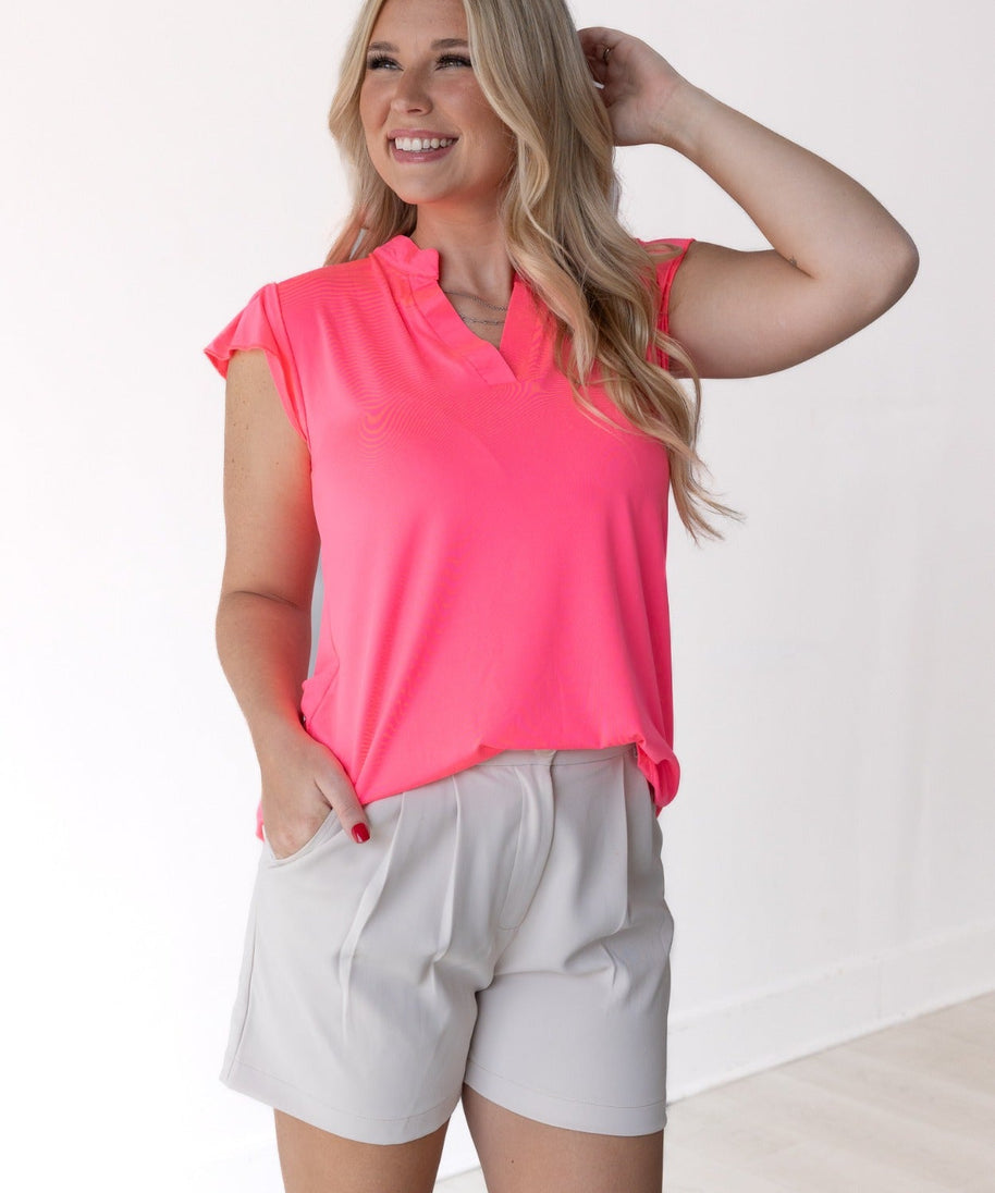The Nicole V-Neck Top, Neon Pink