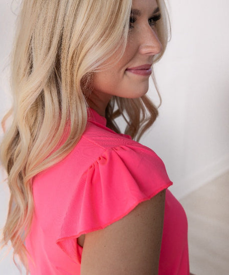 The Nicole V-Neck Top, Neon Pink