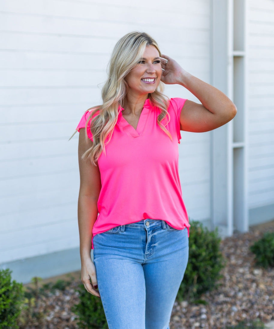 The Nicole V-Neck Top, Neon Pink
