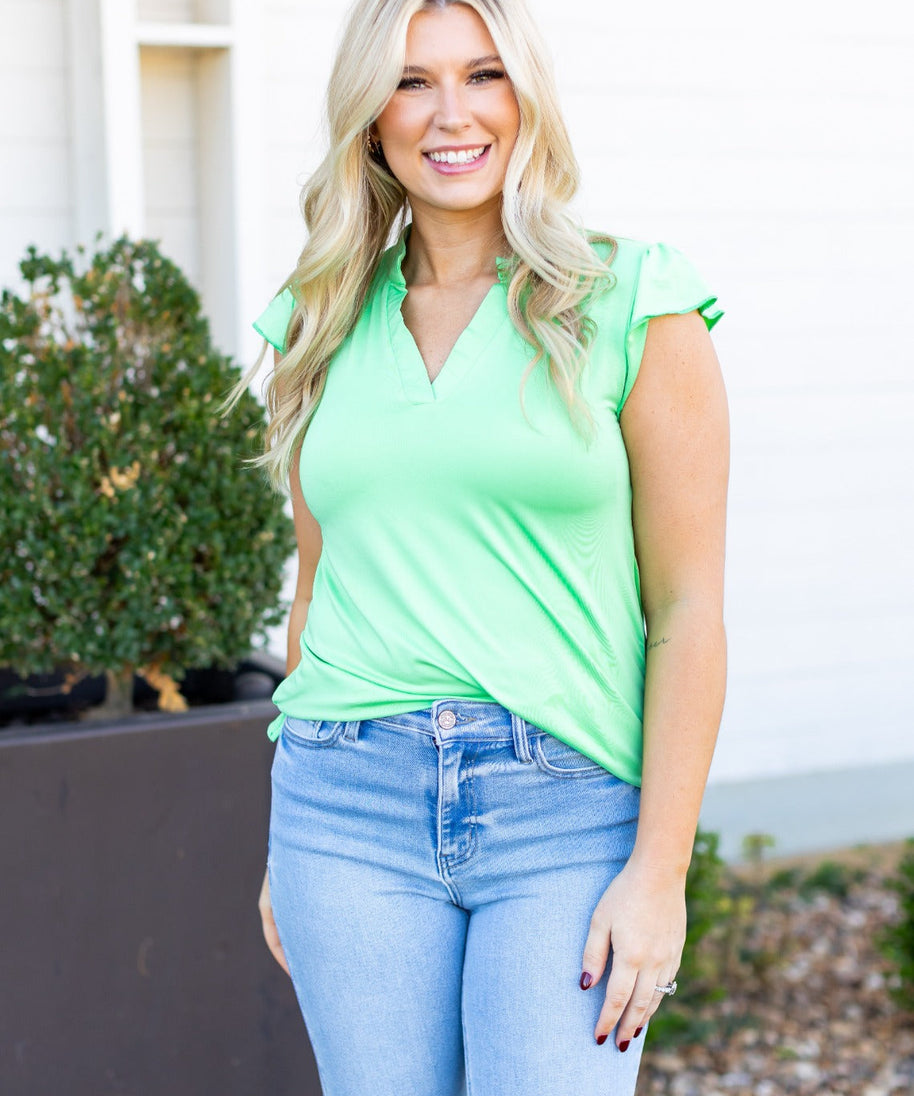 The Nicole V-Neck Top, Lime Green