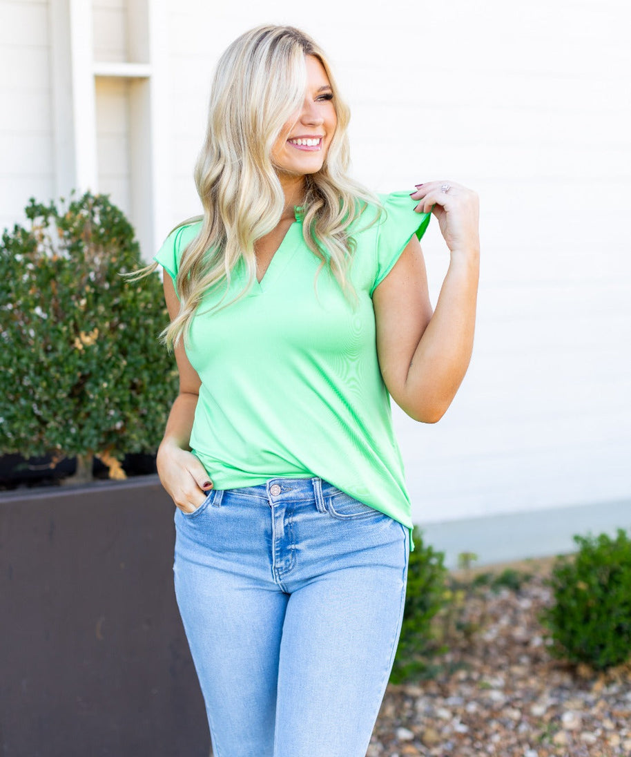 The Nicole V-Neck Top, Lime Green
