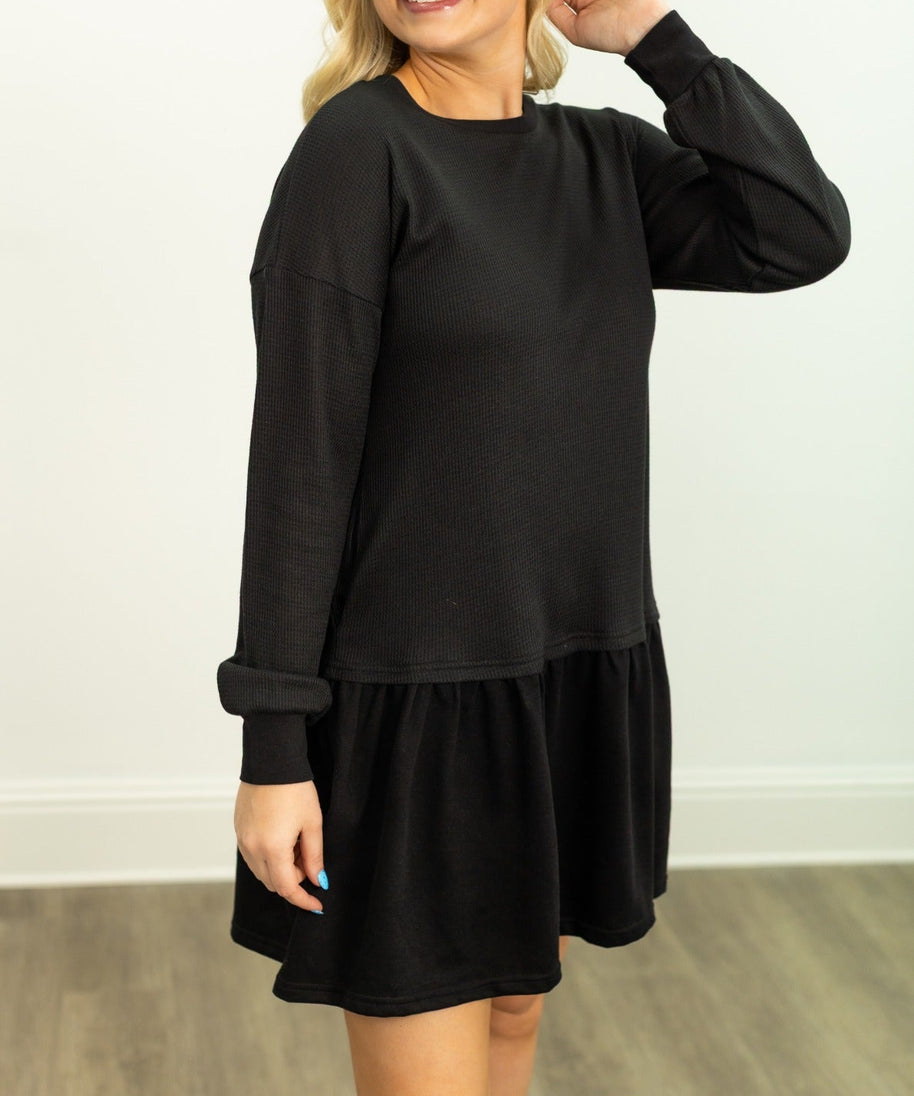 Waffle Knit Long-Sleeve Dress, Black