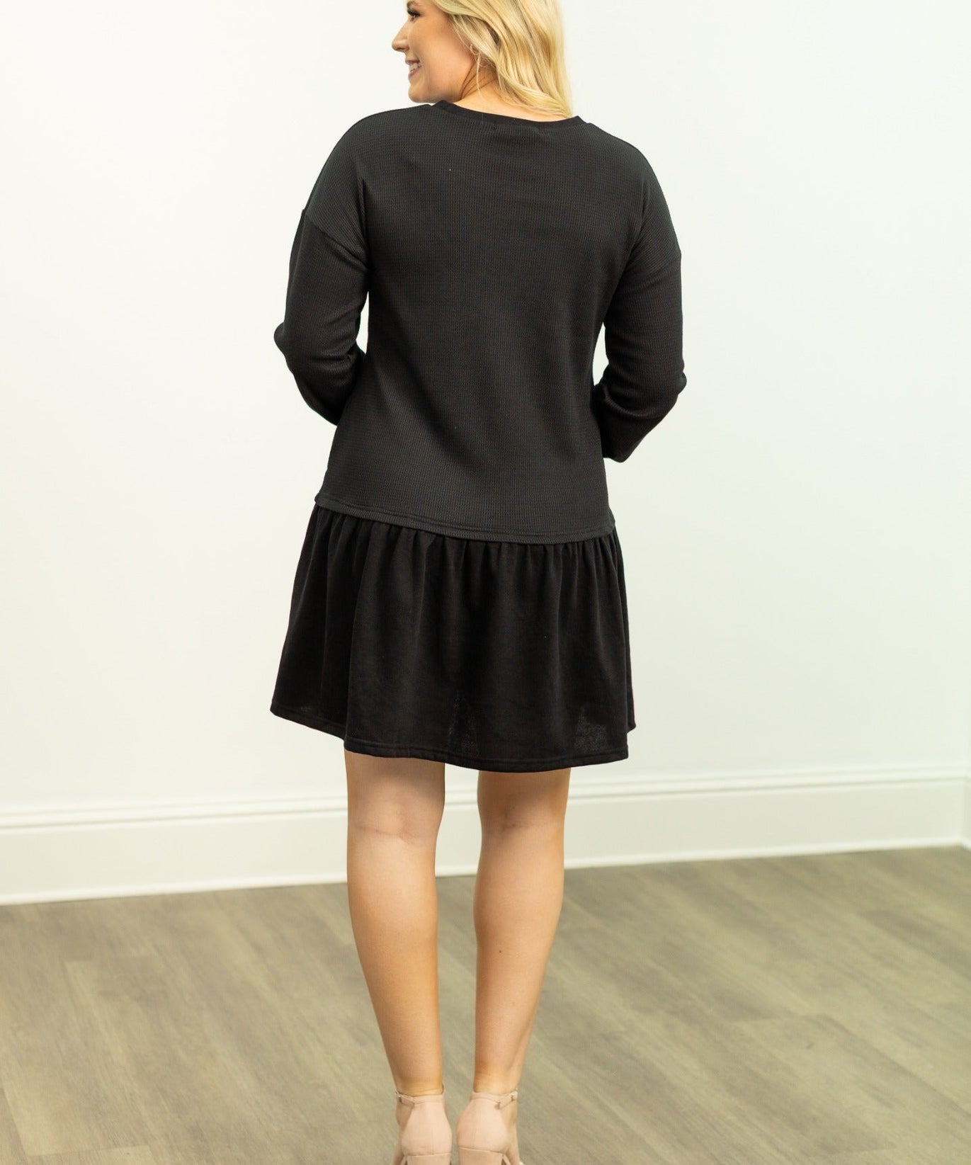 Waffle Knit Long-Sleeve Dress, Black