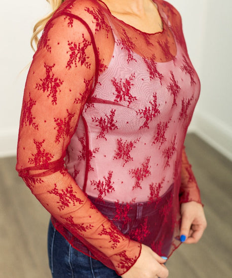 Lace Long-sleeve Top, Red