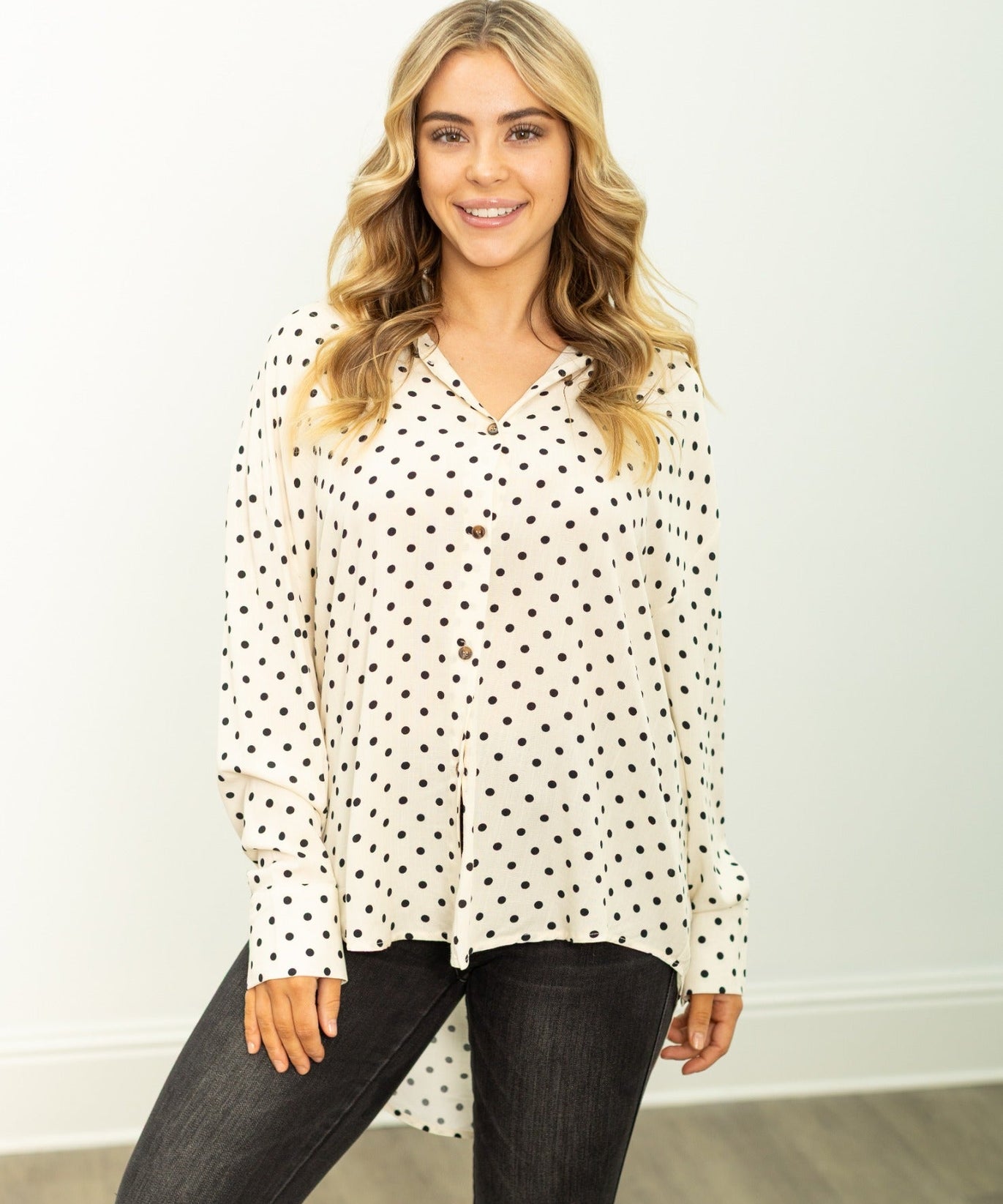 Kathryn Classic Button-Up, Ivory Polka-Dot