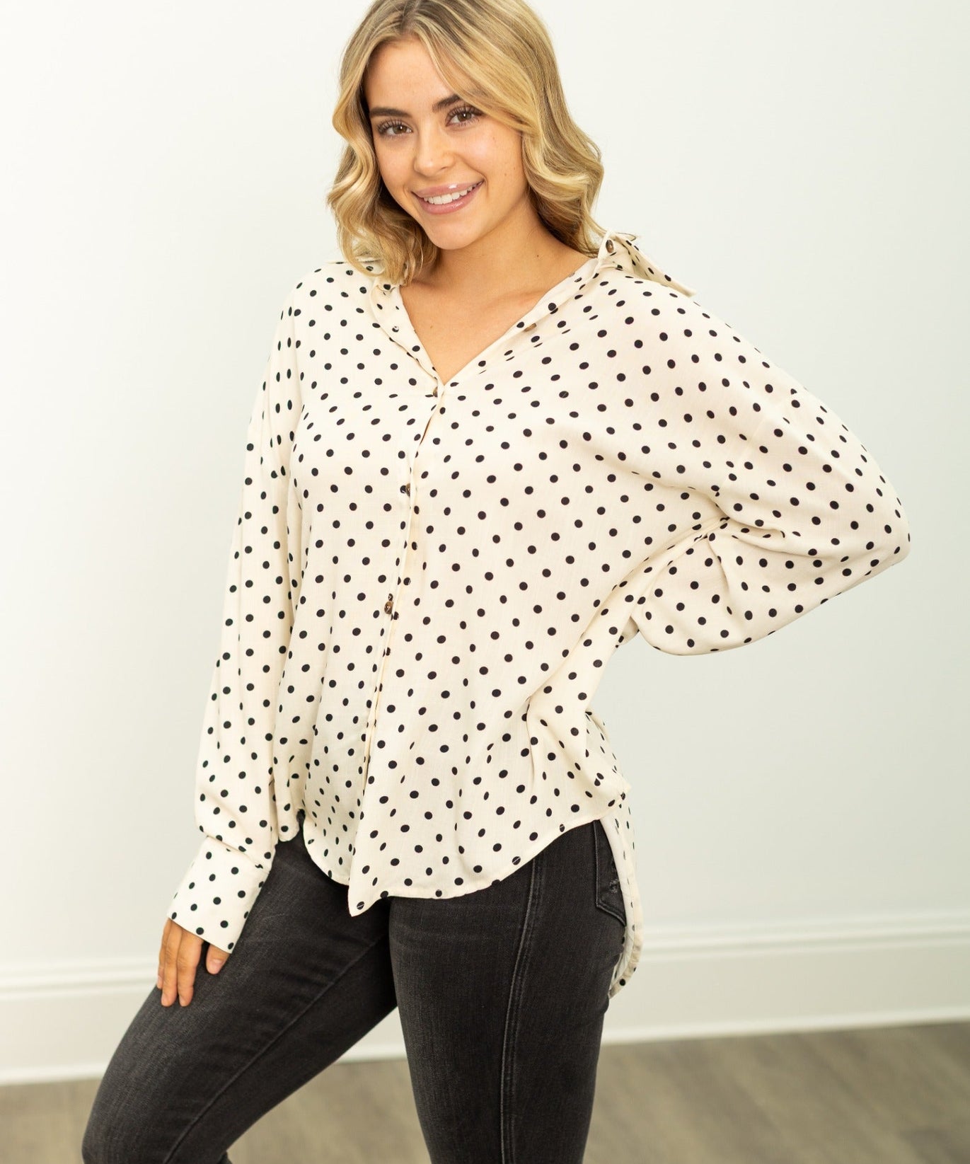 Kathryn Classic Button-Up, Ivory Polka-Dot
