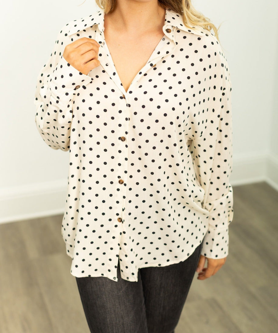 Kathryn Classic Button-Up, Ivory Polka-Dot