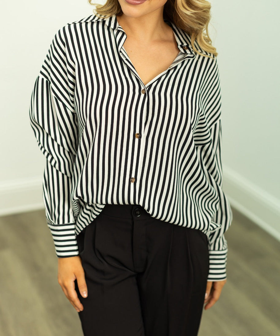 Kathryn Classic Button-Up, Black Stripes