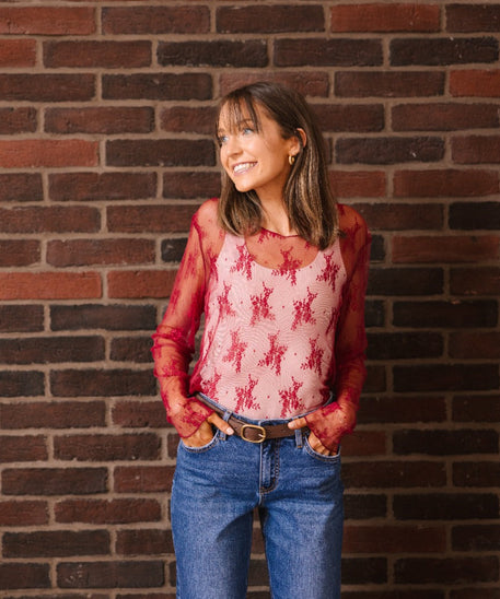 Lace Long-sleeve Top, Red