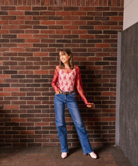 Lace Long-sleeve Top, Red